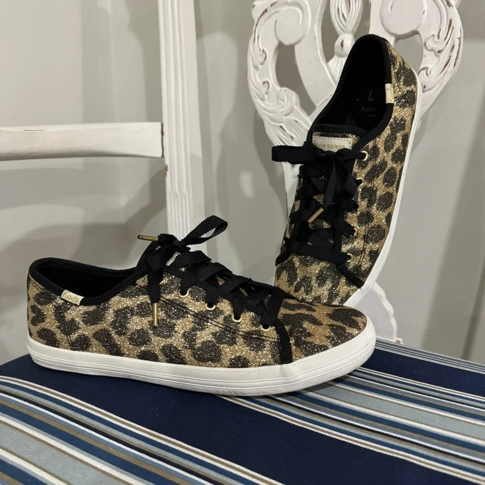 KATE SPADE X KEDS Womens Leopard Printed & Glitter Covered Canvas Sneakers - 6